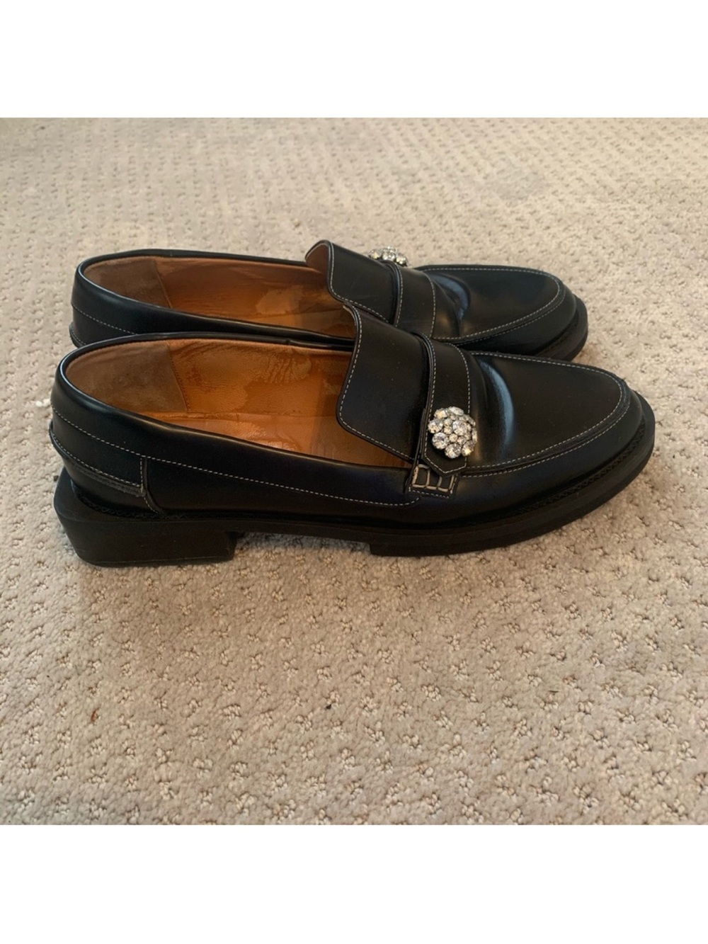 Ganni Black Leather Loafers with Crystal Cluster Accent